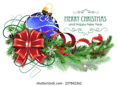Christmas ornaments with bow, ribbon and fir tree branches on white background