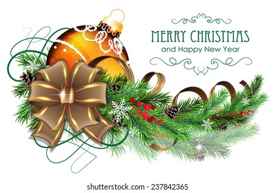 Christmas ornaments with bow, ribbon and fir tree branches on white background