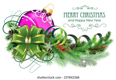 Christmas ornaments with bow, ribbon and fir tree branches on white background