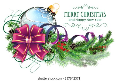Christmas ornaments with bow, ribbon and fir tree branches on white background