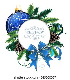 Christmas ornaments with bow, ribbon and fir tree branches on white background. 
Christmas card with round place for text