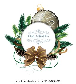 Christmas ornaments with bow, ribbon and fir tree branches on white background. 
Christmas card with round place for text