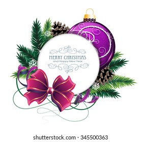 Christmas ornaments with bow, ribbon and fir tree branches on white background. 
Christmas card with round place for text