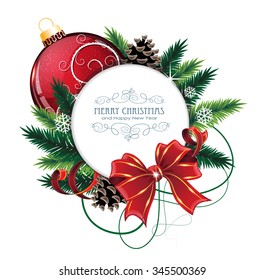 Christmas ornaments with bow, ribbon and fir tree branches on white background. 
Christmas card with round place for text