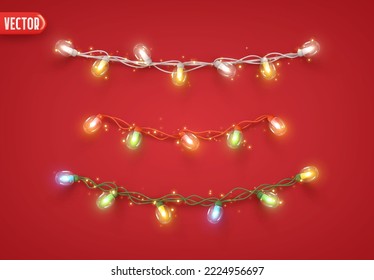 Christmas ornaments bright light garlands  Set Xmas decoration string light garland multicolored  Realistic 3d decor for holiday design  Bulb lamp red ribbon for the new year  vector illustration