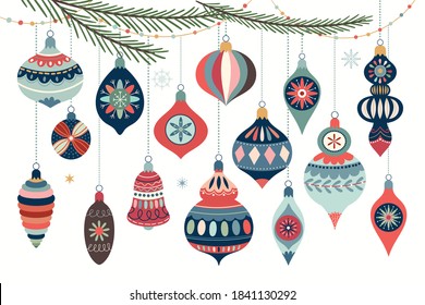 Christmas ornaments collection with decorative Christmas balls isolated on white, winter design