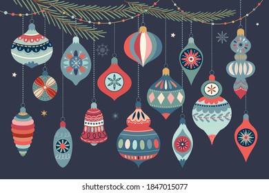 Christmas ornaments collection with decorative Christmas balls, winter design