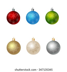 Christmas Ornaments Colorful Realistic Vector Illustration With Snow Flakes.