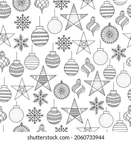 Patrón de color de adornos navideños. Sensación de fondo vectorial sin costura dibujó bolas de baubles navideñas negras y blancas, copos de nieve. Patrón para colorear los niños de la página del libro, adultos, envoltura de regalo, tela, envoltura
