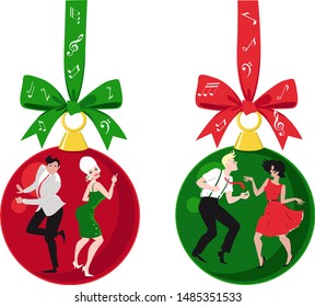 Christmas ornaments with couples dressed in vintage outfits dancing the Twist, EPS 8 vector illustration