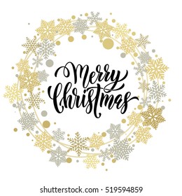 Christmas ornaments and decorations of golden stars, snowflakes, wreath Merry Christmas calligraphic lettering text for holiday greeting card design