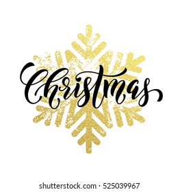 Christmas ornaments and decorations of golden stars, snowflakes, wreath Merry Christmas calligraphic lettering text for holiday greeting card design