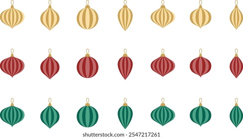 christmas ornaments. decorative christmas ball bauble vector set holiday season celebrate red green gold light vintage stripe illustration design paper lantern finial decorate merry christmas tree