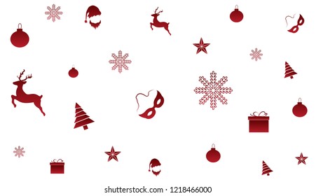 christmas ornaments (deer, Santa Claus, New Year balls, toys, snowflake, gift, star, carnival mask, Christmas tree,) hanging red isolated background