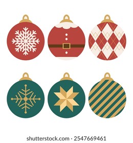 Christmas ornaments, design in ornament shape red and green snowflake, Santa, argyles, star and stripes for decoration, printing and accessories.