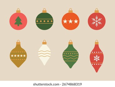 Christmas ornaments with different shapes and patterns including stars, snowflakes and tree designs, festive holiday decoration, vector flat illustration