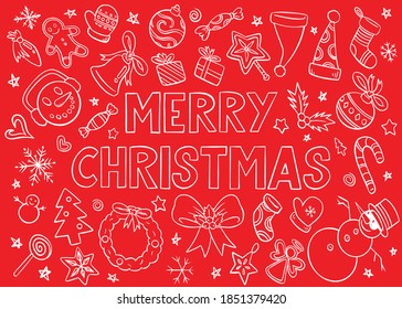 Christmas ornaments doodle collection. Red and white doodle style vector illustration.