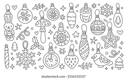 Christmas ornaments doodle illustration of round xmas ball, pine tree decoration, star, rabbit, bird, cone. Hand drawn cute line art about vintage new year, retro toys. Drawing for coloring