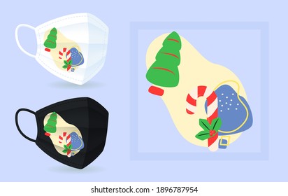 Christmas ornaments face mask mockup with abstract element layout. Striped candycane, xmas tree. Colourful 2D graphic shapes in modern creative style. Trendy isolated doodles illustration
