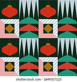 Christmas Ornaments Geometric Grid Based Seamless Pattern With Holiday Vibe. Wrapping Paper, Textile, Surface, Fabric Design, Wallpaper, Gift Wrap, Seasonal Greeting, Winter Trees. Square Composition