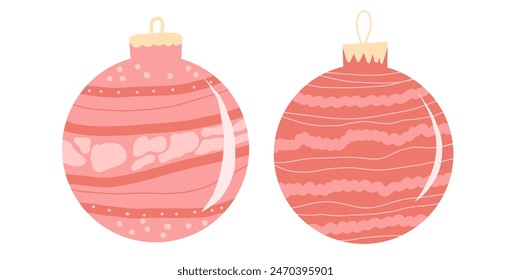 Christmas ornaments glass balls set. Merry Christmas hand drawn toys. Festive holiday symbols. Happy New Year. Vector winter flat illustration.