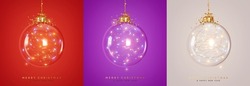 Christmas Ornaments Glass Transparent Balls. Set Of Christmas Ball Inside Bright Light Garlands Red Purple And Gray Colors, Hanging On Gold Ribbon. Festive Decoration Objects. Vector Illustration