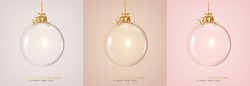 Christmas Ornaments Glass Transparent Balls Empty Inside. Set Of Christmas Ball Hanging On Gold Ribbon. Festive Decoration Objects. Vector Illustration