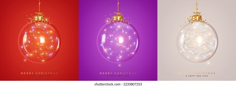 Christmas ornaments glass transparent balls. Set of Christmas ball inside bright light garlands red purple and gray colors, hanging on gold ribbon. Festive decoration objects. vector illustration