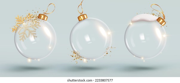 Christmas ornaments glass transparent balls empty inside. Set of Christmas ball hanging on gold ribbon. Festive decoration objects. vector illustration