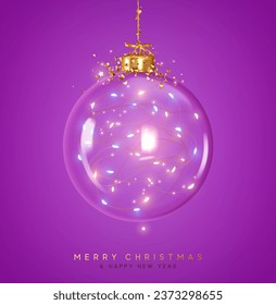 Christmas ornaments glass transparent balls. Christmas glassballs inside bright light garlands, hanging on gold ribbon, shiny gold glitter confetti. Festive decoration objects. vector illustration