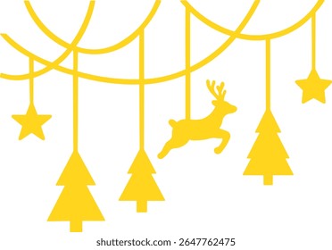 Christmas Ornaments Golden Design with Deer and Trees. Elegant golden Christmas ornament design featuring hanging reindeer, stars, and Christmas trees. Perfect for holiday greeting cards, festive deco