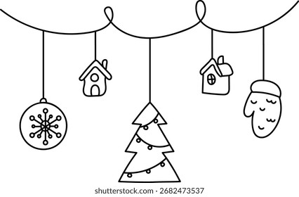 Christmas ornaments hang on a string in a simple line drawing. Festive icons include a tree, house, and mitten in a minimalist style. Cartoon vector illustration.