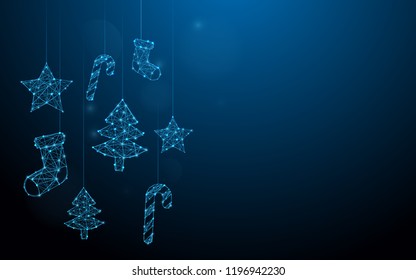 Ornamentos navideños colgando de líneas, triángulos y diseño de partículas. Vector de ilustración