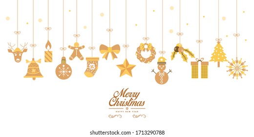 christmas ornaments hanging gold isolated background