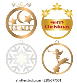 Christmas ornaments, hanging holiday decorations with stars,  angel messager, snowflake, grace text and Merry Christmas isolated on white background.