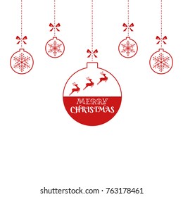 Christmas ornaments hanging with reindeer and ribbon isolated background. Merry Christmas and happy new year. Cartoon Vector Illustration.