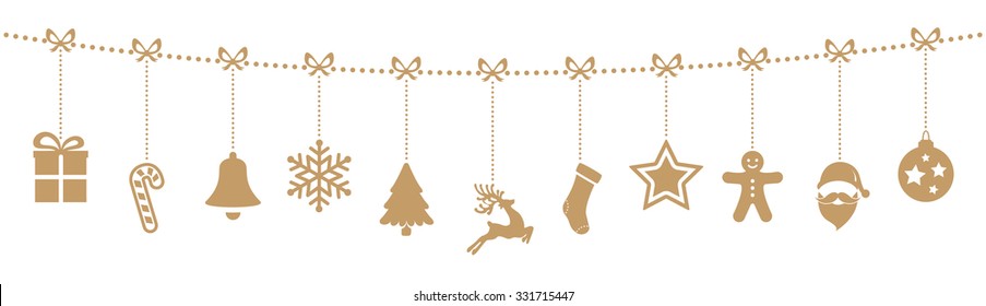 christmas ornaments hanging rope gold isolated background