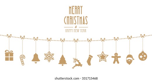 christmas ornaments hanging rope gold isolated background