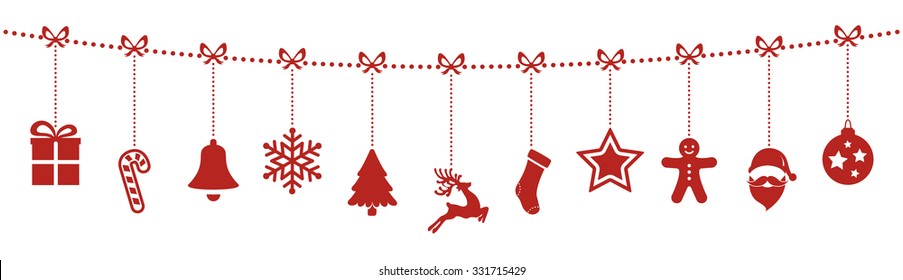 christmas ornaments hanging rope red isolated background