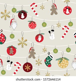 Christmas ornaments hanging in row, on light beige background. Vector seamless pattern.