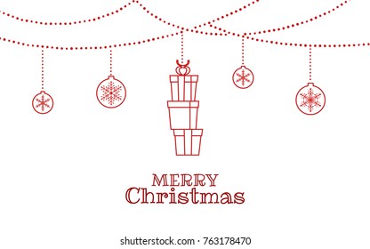 Christmas ornaments hanging with stack gift box and ribbon isolated background. Merry Christmas and happy new year. Cartoon Vector Illustration.