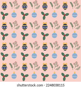 Christmas ornaments and holly pattern
