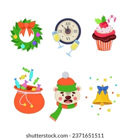 Christmas ornaments icon set. Clock with flutes of champagne, decorative wreath, teddy bear, bell and bag with candies illustrations in cartoon style. Holiday concept