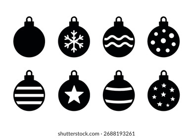 Conjunto de iconos de adornos de Navidades. Vector símbolos negros de adornos e ilustraciones de glifos de vacaciones