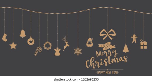 Christmas ornaments and icons and text phase hanging rope on isolated background