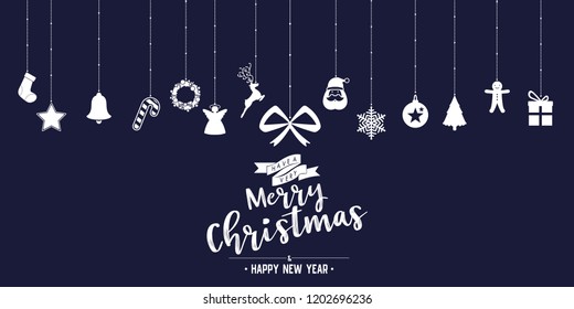 Christmas ornaments and icons and text phase hanging rope on isolated background