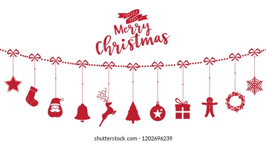 Christmas ornaments and icons and text phase hanging rope on isolated background