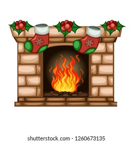 Christmas Ornaments Isolated on White Background. Fireplace with Holly Berry and Christmas Socks. Cartoon Vector Illustration
