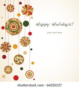Christmas ornaments line side of card with lots of room for text.