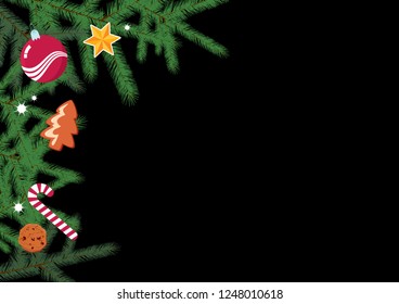 Christmas ornaments on a black background vector. Holiday background with copy space for text. Christmas background with spruce branch. Black Christmas background